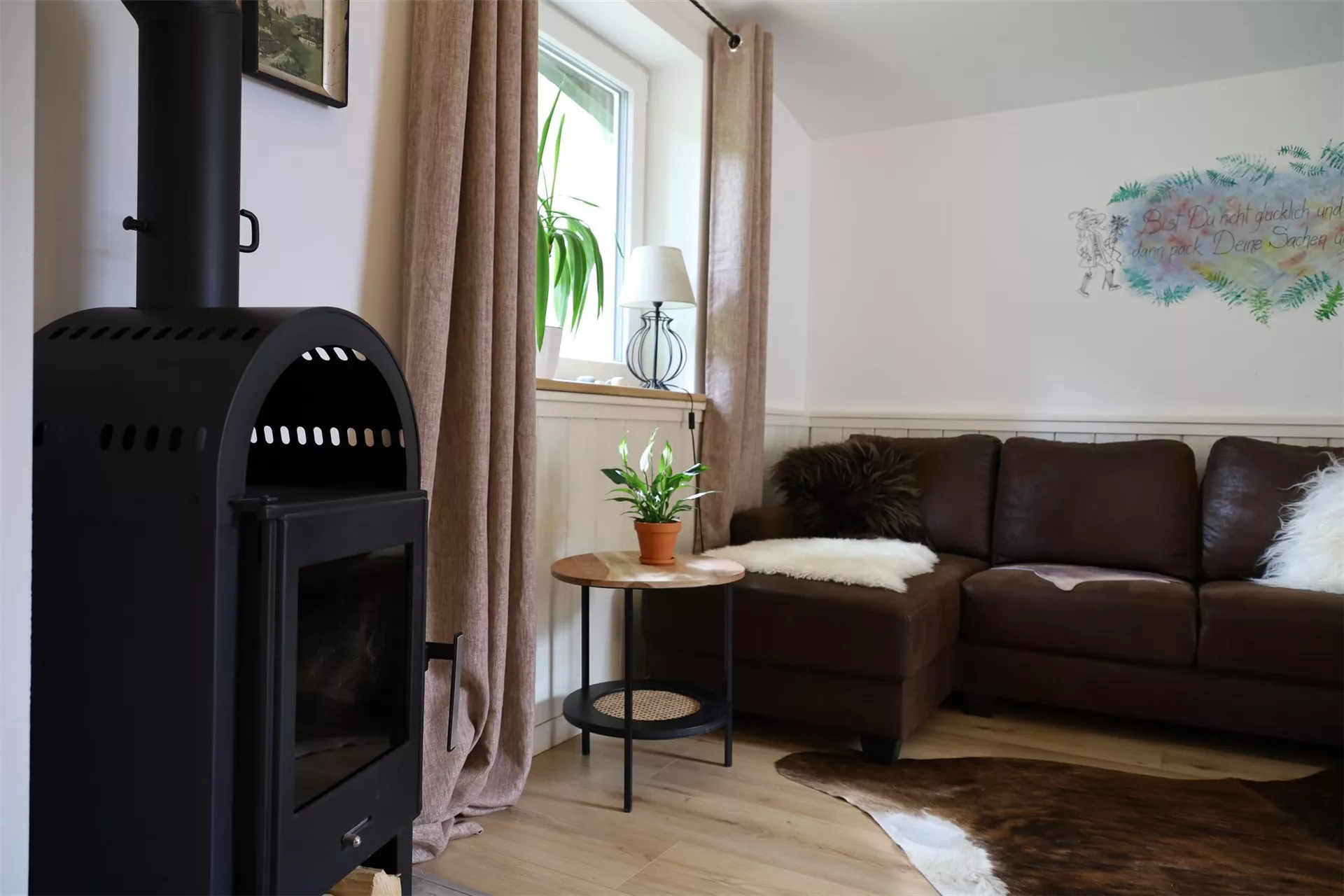 Wood stove and cosy seating area