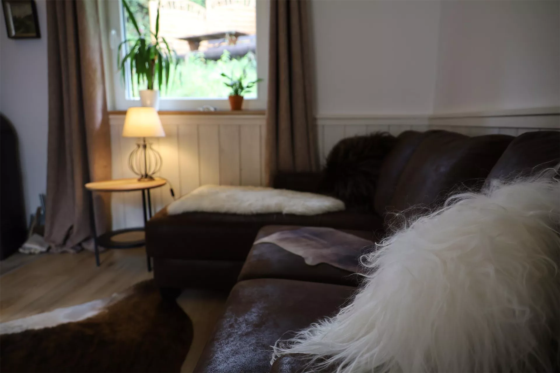 Leather sofa set with fireplace view